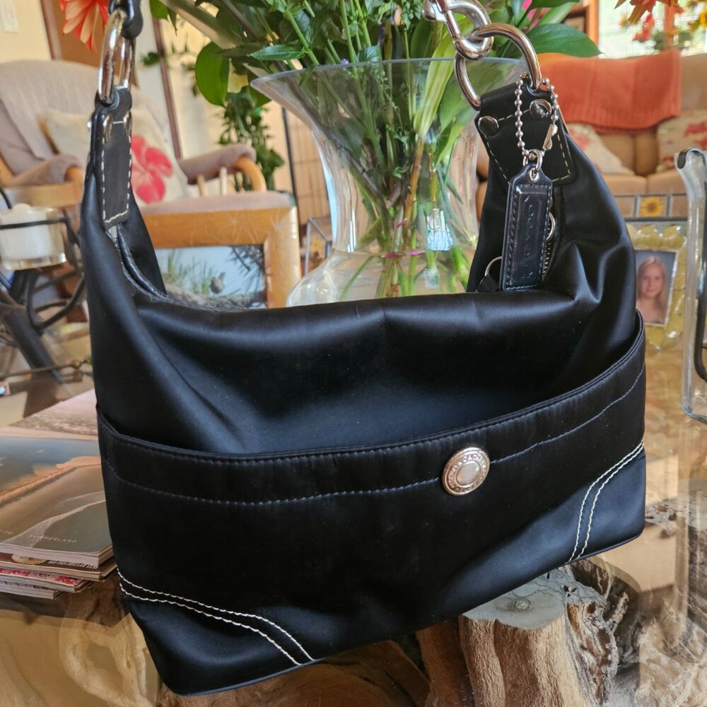 Coach Hampton Black Satin Hobo Handbag - Picture 2 of 12